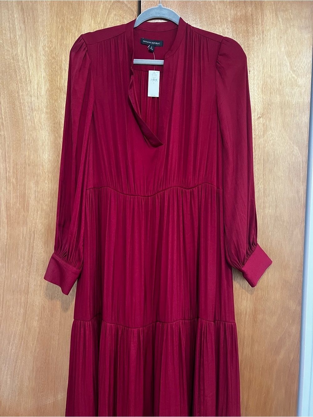 Banana Republic Women's Burgundy Long Sleeve Pleated Tiered Midi Dress
